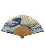 SILK HAND FAN Japanese Wave 8&quot; Blue Tsunami Folding Pocket Purse Asian H... - $8.95