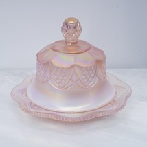 Fenton 2 Piece Covered Dish Butter Pink Frosted Glass Art Arch Iridescen... - $70.13