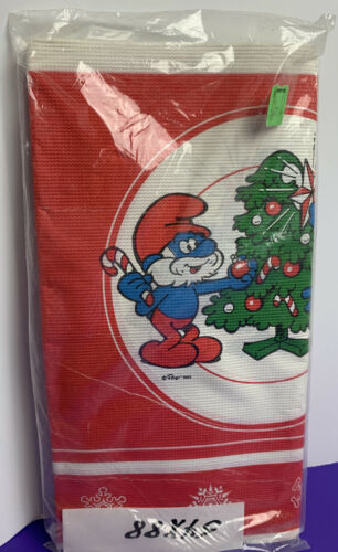 Vintage 1982 Smurfs Christmas Paper Tablecloth 54x88 Party Papa Unique Red NEW - £11.76 GBP