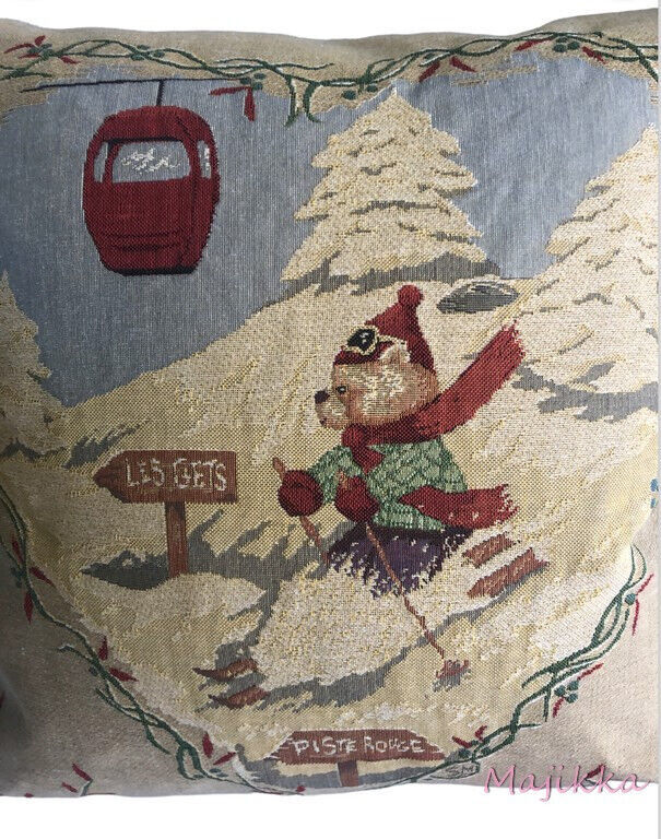 Primary image for Rolande Du Dreuilh Teddy Bear Skier 18x18" Square Pillow Alpine Chalet France