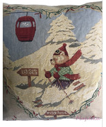 Rolande Du Dreuilh Teddy Bear Skier 18x18&quot; Square Pillow Alpine Chalet F... - £75.79 GBP