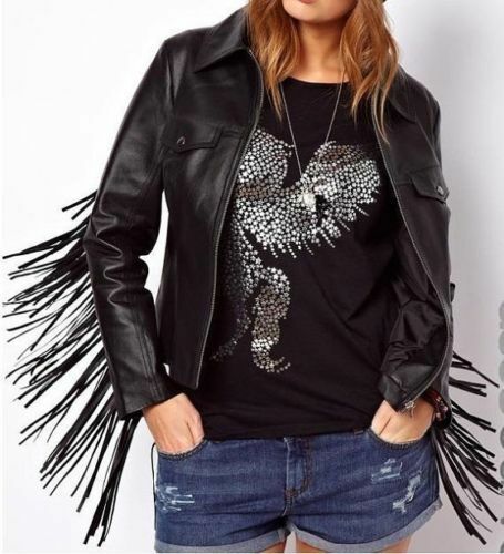 Western Style Black Color Cow Lady Long Fringes Genuine Leather Handmade Jacket