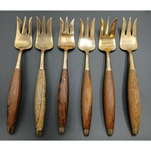 Antique Rosewood Bronze and Wood Set of 6 Cocktail Dessert Fork Thailand... - $916.74 MXN