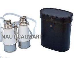Nautical Admiral&#39;s Captain&#39;s Chrome Binoculars with White Leather Case 6&quot; - £86.25 GBP