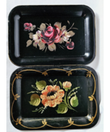 2 Vintage Small Handpainted Floral Black Metal Trays  6½&quot;x4½&quot; Shabby Tol... - $37.47 CAD