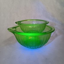 Green Depression Glass Ribbed Nesting Batter Bowls 2 GLOWS Hocking Glass - £62.02 GBP