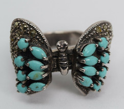 Sterling Silver Turquoise &amp; Marcasite Articulated Wings Butterfly Ring Size 6.5 - £162.99 GBP