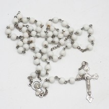 White Glass Beaded Chain Rosary Necklace Cross Pendant - £30.76 GBP