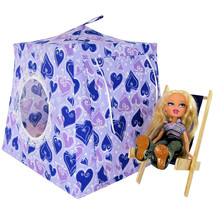 Purple Toy Pop Up Doll, Stuffed Animal Tent, 2 Sleeping Bags, Heart Print Fabric - £19.94 GBP
