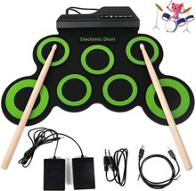 Electronic Drum Set, Practice Drum Pad, Portable Silicone Beginners, Green - $64.99
