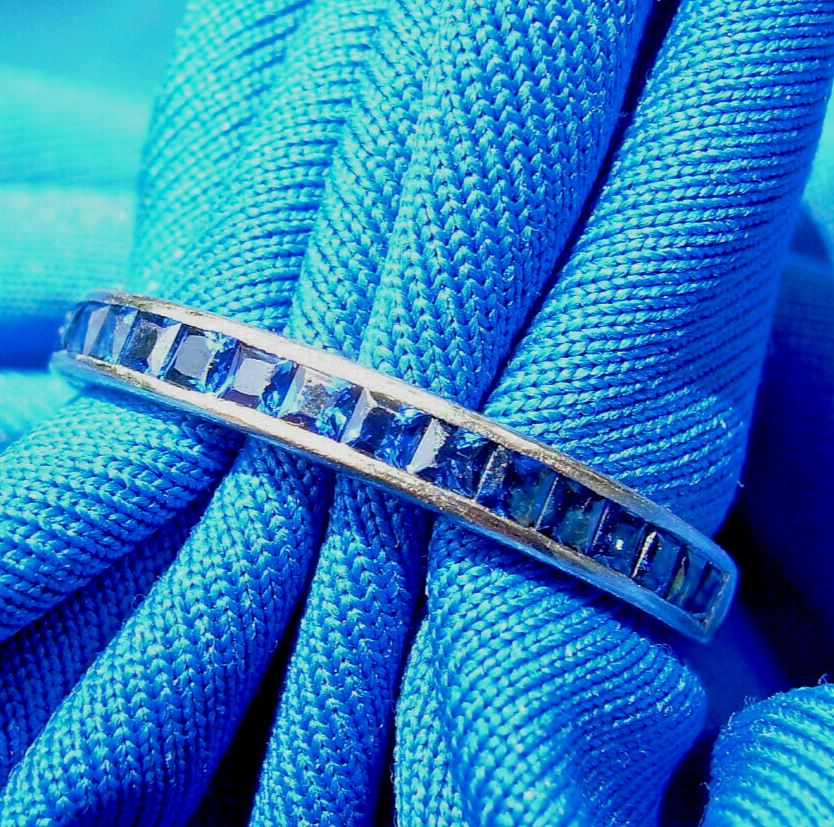Sapphire Deco Wedding Band 14k Gold Vintage Bridal Eternity Anniversary Ring 7.5 Item image 5
