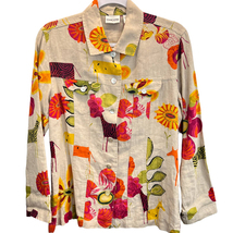 Chico&#39;s Linen Top Tan Size M Button Up Animal &amp; Floral Print All Over Print - £22.30 GBP