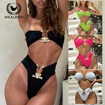 Sexy High Waist Bra Split Bikini Metal Accessories Hollow out set - $41.95