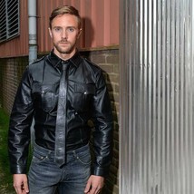 MEN&#39;S REAL BLACK LEATHER POLICE MILITARY STYLE SHIRT BLUF FULL SLEEVES S... - £79.28 GBP