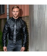 MEN&#39;S REAL BLACK LEATHER POLICE MILITARY STYLE SHIRT BLUF FULL SLEEVES S... - $165.64 CAD