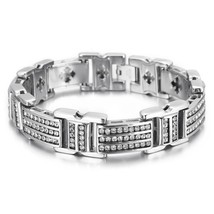 17mm Cubic Zircon Gold Bracelet Men Stainless Steel Hip Hop Wristband Jewelry - £41.62 GBP