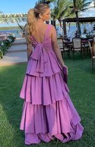 A Line Purple Prom Dresses,Tiered Stretch Satin Evening Dress - £121.50 GBP