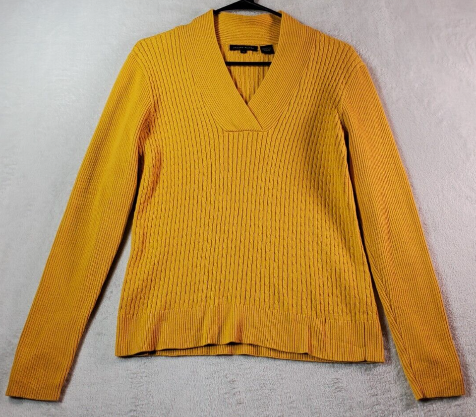 Jeanne Pierre Sweater Womens Medium Yellow Knit 100% Cotton Long Sleeve ... - $10.84