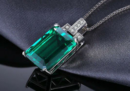 3Ct Emerald Cut Green Emerald Pendant Necklace Free Chain 14K White Gold Finish - £82.10 GBP