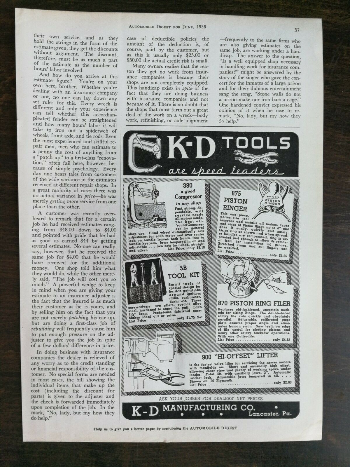 Vintage 1938 KD Tools KD Manufacturing Company Original Ad Other