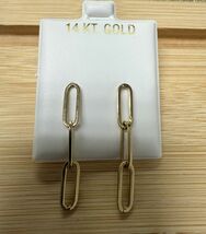 14K Real Yellow Gold Paper Clip Dangling Push Back Stud Earrings 35mm - $222.75