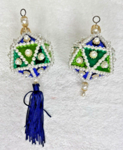 2 Vintage Sequin &amp; Pearl Push Pin Hot Green Blue Christmas Ornaments Bri... - $12.38