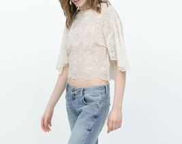 Zara Blouse Cream Off White Lace Embroidery Pearl Neckline Crochet Kimono Sleeve - £15.79 GBP