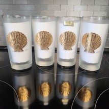 4 Vintage Culver MCM Frosted Sea Shell Highball Tumblers 22K Gold Glasses Cups - $47.41