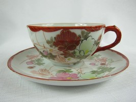 Antique Floral Red Pink Green &amp; Gold Accent Tea Cup &amp; Saucer Set Hand Pa... - £31.89 GBP