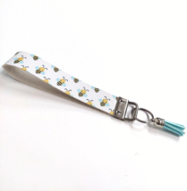 Wristlet Key Fob Keychain Faux Leather Bees Animals with Blue Tassel New - £7.27 GBP