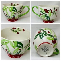 Dutch Wax Footed Mug Coastline Imports White Cup Hand Painted Holly Berries 12oz - £17.13 GBP