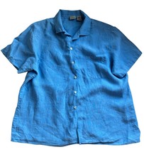 LL Bean Shirt Women XL Blue Linen Short Sleeve Button Down Casual Pocket... - $28.99