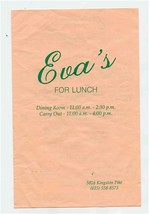 Eva&#39;s for Lunch Menu Kingston Pike Knoxville Tennessee 1990 - £14.33 GBP