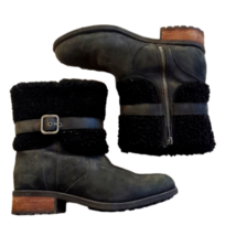 Ugg Boot Short Ankle Boot Black Leather With Sheepskin Ankle Strap Size 8 - £75.93 GBP