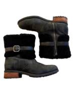 Ugg Boot Short Ankle Boot Black Leather With Sheepskin Ankle Strap Size 8 - £75.05 GBP