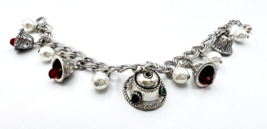 Silver Tone Faux Pearl Red Bell Charm Bracelet - £10.25 GBP