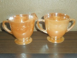 FIRE KING GLASS PEACH LUSTER LUSTERWARE CREAM AND SUGAR SET LAUREL LEAF - $21.93