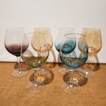 Six Pier 1 Crackle Glass Handblown Balloon Wine Glasses Teal Amber Green... - £98.92 GBP