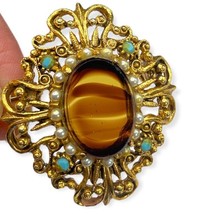 Vintage Signed Florenza Tortoise Glass Faux Turquoise Pearl  Gold Tone Brooch - £42.95 GBP