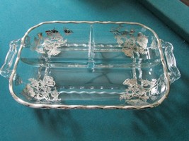 ETCH GLASS SILVER OVERLAY TRIPART TRAY RUFFLED POINT CLEAR CAMBRIDGE BOW... - £36.59 GBP+