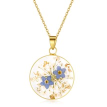 Forget Me and Queen Anne&#39;s Lace Pressed Wildflower Necklace Gold Pressed Flower  - £40.50 GBP