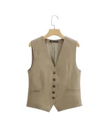 Zevity Women Fashion V Neck Sleeveless Single Breasted Linen Vest Jacket Office  - £21.43 GBP