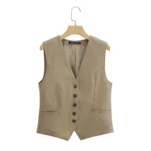 Zevity Women Fashion V Neck Sleeveless Single Breasted Linen Vest Jacket Office  - £21.51 GBP