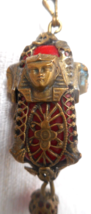 Vtg Gold/Brass 4 Egyptian Heads Pendant Caged Red Stone Tassels Red Bead 4 3/4&quot; - £186.12 GBP