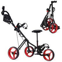 Foldable 3 Wheel Push Pull Golf Club Cart Trolley w/Seat Scoreboard Bag Red - £148.66 GBP