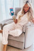 Beige Cheetah V Neck Tee and Pants Lounge Set - $570.26 MXN