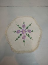 Vintage Hand Embroidered Table Runner Linen Dresser Scarf Flower Lace Edge - £8.86 GBP