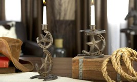 Western Star Candlestick Holders Set 2 Horseshoe Tapered Rustic Metal Country image 2
