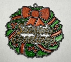Vintage 4&quot; Stained Glass Sun Catcher - Christmas Wreath &quot;Seasons Greetings&quot; - £6.22 GBP