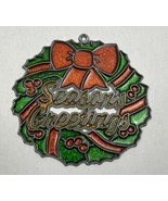 Vintage 4&quot; Stained Glass Sun Catcher - Christmas Wreath &quot;Seasons Greetings&quot; - £6.32 GBP
